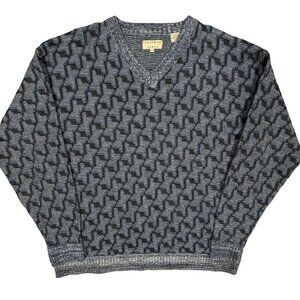 Vintage Natural Issue Star Pattern V-Neck Chunky Knit Sweater Blue XL
